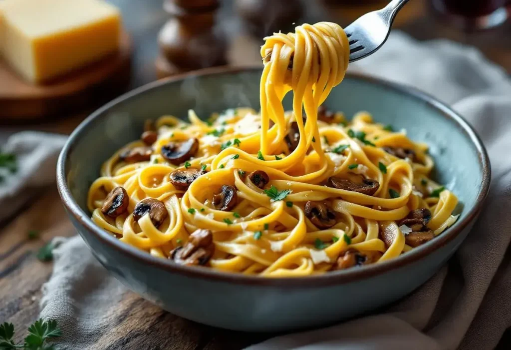 Je prépare ces pâtes fondantes aux champignons, crème et moutarde en 15 minutes, et tout le monde oublie le froid
